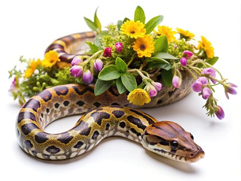 Elegant snake portrait with bright yellow flowers and green floral arrangements