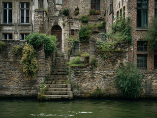 Charming old stone houses by a serene canal with lush greenery and flowers climbing the walls