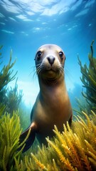 Fototapeta premium Curious Sea Lion Posing Underwater among Sea Grass in Bright Blue Ocean