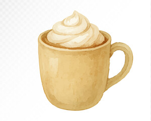 Watercolor mug with hot coffee or cocoa topped with whipped cream, hand-painted warm drink in brown ceramic cup. Vector illustration.