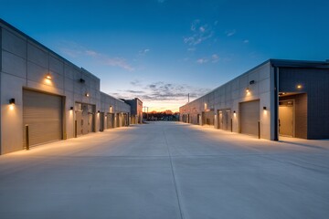 Obraz premium Industrial buildings in sunset glow a city s pulse during twilight with symmetrical concrete