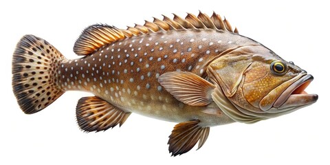 Magnificent Grouper Fish Portrait with White Spots on Brown Body, Underwater Wildlife