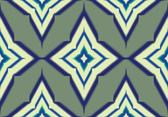  A bold Ikat design with sharp arrow-like diamonds in blue, teal, and cream, set against a muted green background. It radiates dynamic energy and bold contrast.