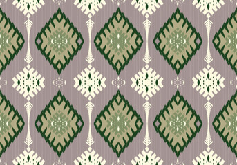 This Ikat pattern features olive and cream diamond shapes with deep green outlines. Earthy tones and fine vertical lines reflect natural, artisanal craftsmanship.