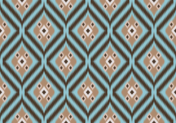 A seamless Ikat pattern with diamond motifs in shades of icy blue , light brown and beige on deep brown background. The texture mimics handwoven threads, creating a rhythmic, ethnic elegance.