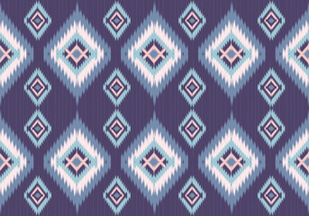 A seamless Ikat pattern with diamond motifs in shades of navy, soft pink, and icy blue. The texture mimics handwoven threads, creating a rhythmic, ethnic elegance.