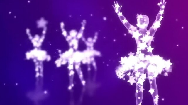 Dancers in purple haze, starlit background, motion blur, stage performance