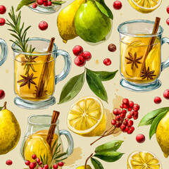 Cozy Autumn Drinks and Fruits Watercolor Pattern