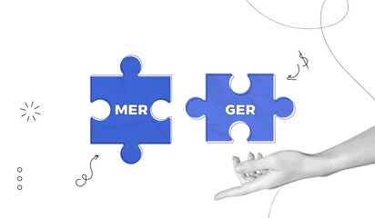 Trendy Halftone Collage Mergers and Acquisitions concept. Hand with puzzles pieces. Business idea and solution. Joint venture, partnership. Contemporary vector illustration art