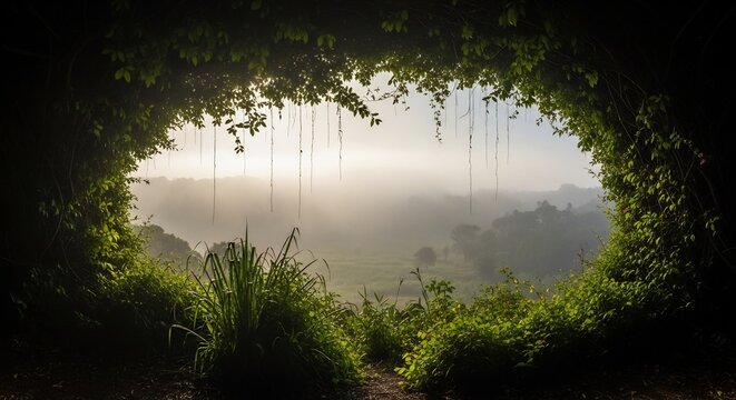 Lush green foliage frames a scenic vista of a misty, sunlit valley. - Powered by Adobe