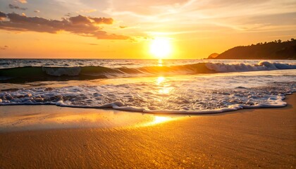 Golden sunset over ocean waves gently lapping a sandy beach (1)