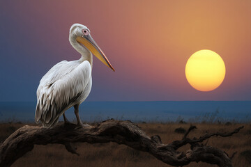 Pelican at sunset on a branch