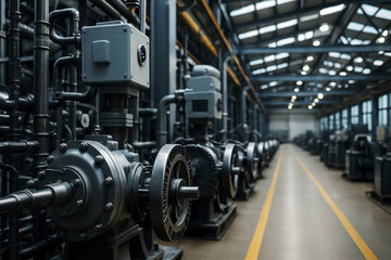 Fototapeta premium Industrial machinery pipes and factory interior pumps