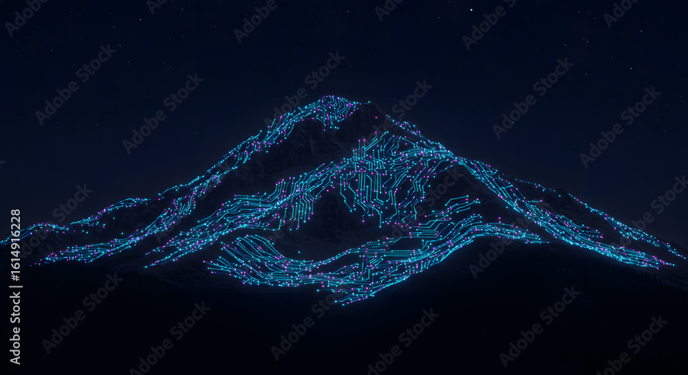 Poster digital ascent: an illuminated mountain composed of interconnected circuit pathways under a