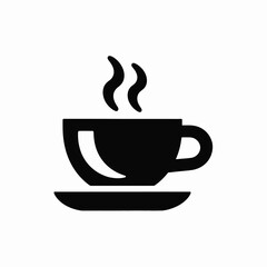 Simple black silhouette of a steaming coffee cup and saucer