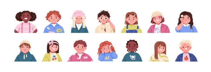 Kids portraits set. Happy kindergarten children faces with smiling expressions. Preschool boys and girls, joyful cheerful emotions, cute look. Flat vector illustration isolated on white background © Good Studio