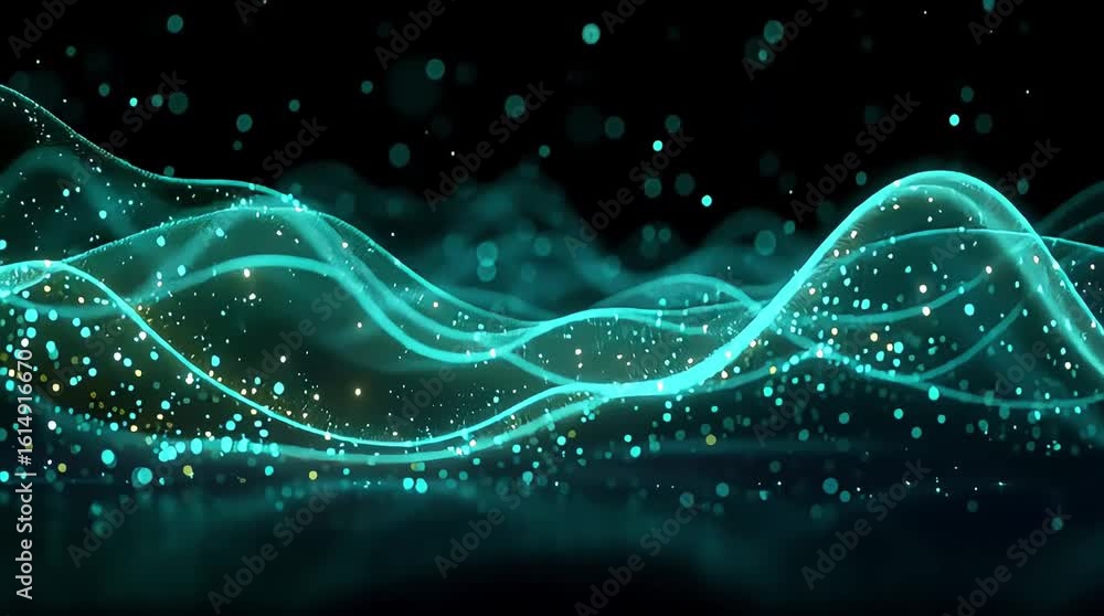 Poster abstract glowing teal waves with sparkling particles floating on a dark background design art