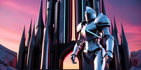 Futuristic Armored Knight Standing Before Castle at Sunset with Epic Sky


