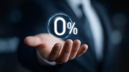 Zero percent offer concept in businessman's hand with futuristic digital display

