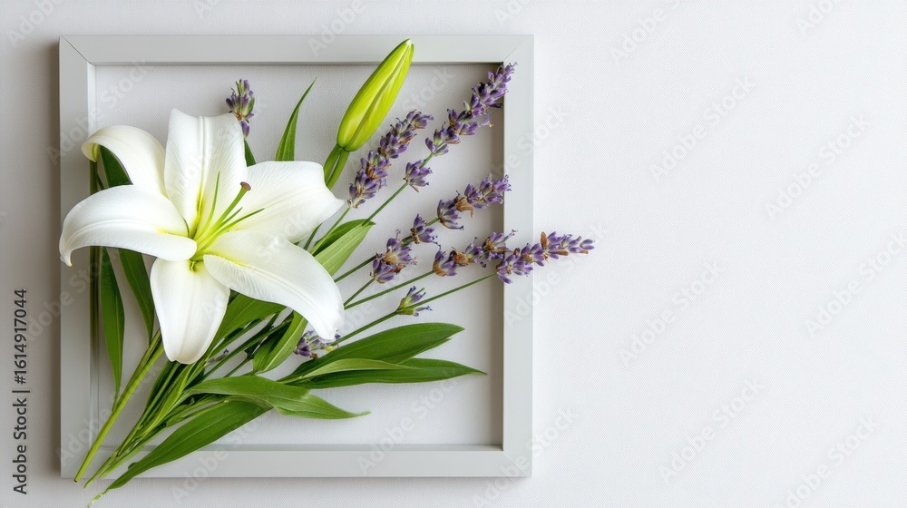 Poster white lily and soft lavender arranged in a light gray frame on a clean background