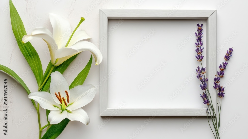 Aufkleber white lily and soft lavender arranged in a light gray frame on a clean background