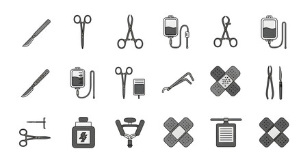 Fototapeta premium Collection of medical and surgical instrument icons, including scalpels, forceps, and IV drips, in a flat monochrome style