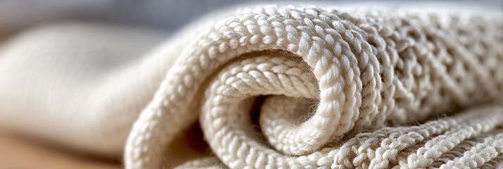Fototapeta premium Close-Up of Soft Textured Cream Knitted Fabric, A Cozy Blanket Detail Showcasing Warmth and Comfort