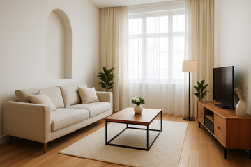 Modern living room with neutral tones sofa coffee table