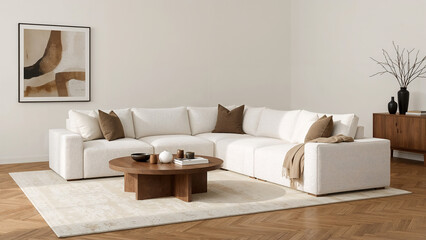 Minimalist living room interior design with boucle sofa art wood parquet floor daylight. vibrant detailed