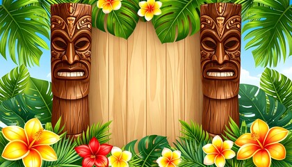Tropical wooden sign flanked by tiki masks and lush foliage