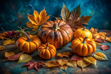 Fototapete Rund Photo of a collection of assorted pumpkins and gourds are arranged on a rustic wooden surface, surrounded by vibrant autumn leaves, creating a classic fall harvest scene © Sobuj