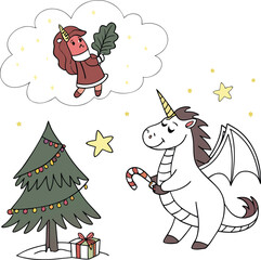 Funny cartoon Christmas illustration with Santa Claus, a horse, reindeer, and other cute winter animals perfect for a children's coloring book design