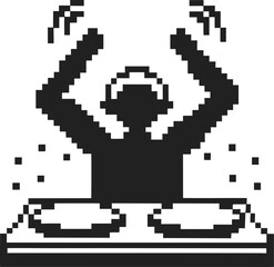 Fototapeta premium Pixel art dj mixing music at turntables, retro black silhouette wearing headphones, electronic dance party scene