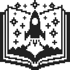 Obraz premium Open pixel book with rocket and stars, retro game icon knowledge launch, creative imagination, learning adventure concept
