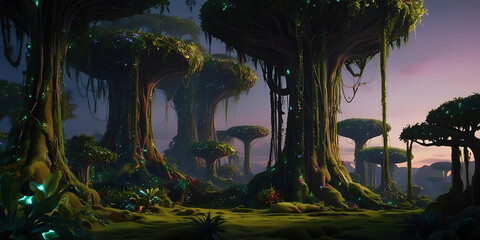Mysterious Enchanted Forest at Dusk with Glowing Flowers and Purple Sky

