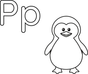 Isolated Alphabet coloring page letter P with penguin. Good for preschool learning, early literacy activities, homeschooling, and printable worksheets
