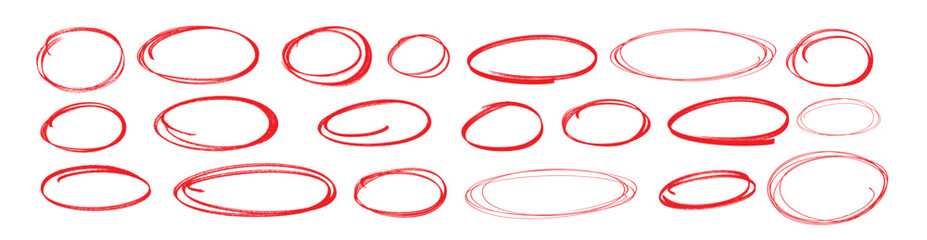 Red pen drawn marks, red circle set, highlight circle. Charcoal pen round ovals. Set of doodle ellipses. Scribble ovals, marker round elements isolated on a white background.	
