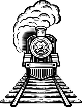 Vintage steam locomotive on railway tracks, front view old fashioned train engine transportation, black and white retro illustration