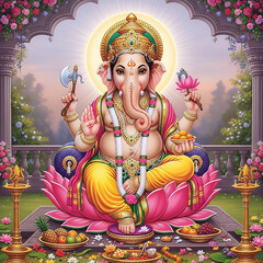 Lord Ganesha Sitting on a Lotus in a Garden, a Symbol of Purity and Prosperity