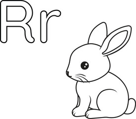 Isolated Alphabet coloring page letter R with rabbit. Good for preschool learning, early literacy activities, homeschooling, and printable worksheets
