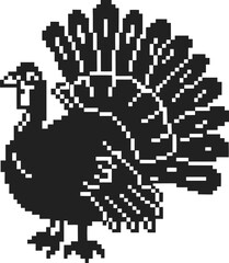 Obraz premium Pixel art turkey silhouette, retro black and white bird icon, digital animal graphic, thanksgiving holiday symbol