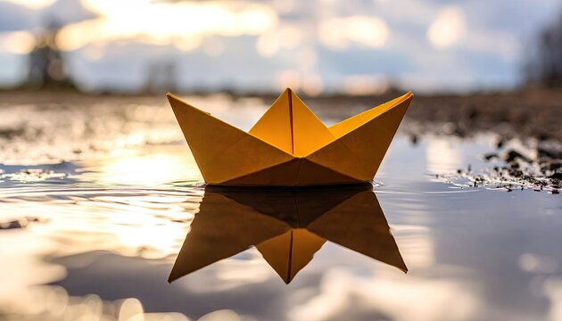 Yellow Paper Boat Floating On Reflective Water Surface In Puddle During Stormy Weather