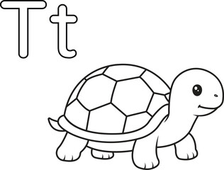 Isolated Alphabet coloring page letter T with turtle. Good for preschool learning, early literacy activities, homeschooling, and printable worksheets