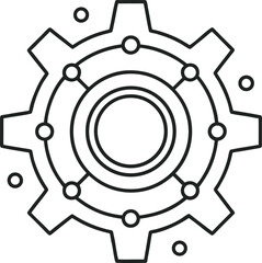 Black outline gear with connected circles on white background cogwheel mechanical