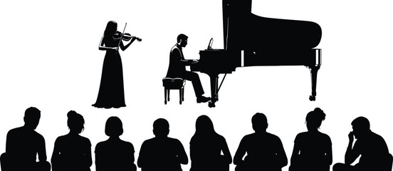 Silhouette of piano and violin duet performing on stage with audience, classical music concert, elegant performance, seated viewers, musical harmony © Mason Murp Creations
