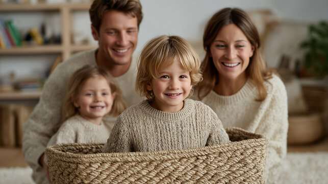 Cheerful indoor moment of a young joyful family laughing and playing together in a stylish living space, surrounded by plush furniture, family photos, and natural sunlight, young family fun, kids indo