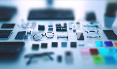 Organized modern desktop with eyewear display