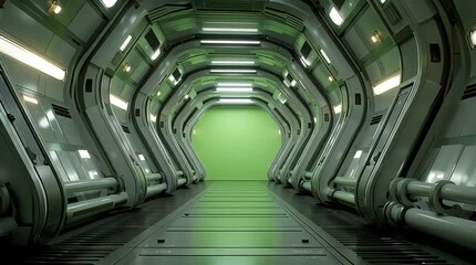 A futuristic corridor with metal walls and bright lights leading to a green screen background end point - Powered by Adobe