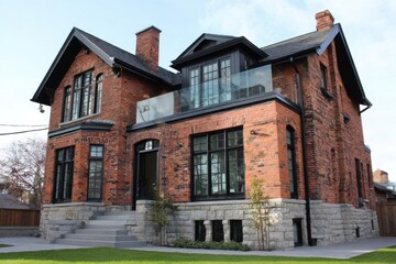 Historic brick house with modern design elements in a suburban neighborhood during clear daylight showcasing architectural beauty and inviting outdoor space