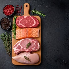 Fish mix, Raw Meats and Salmon on Wooden Board.